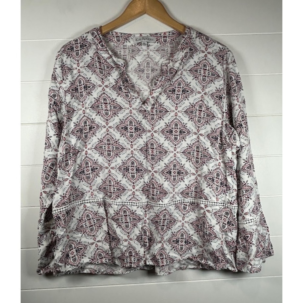 Kim Rogers XXL White Medallion Print Long Sleeve‎ V Neck Blouse Top